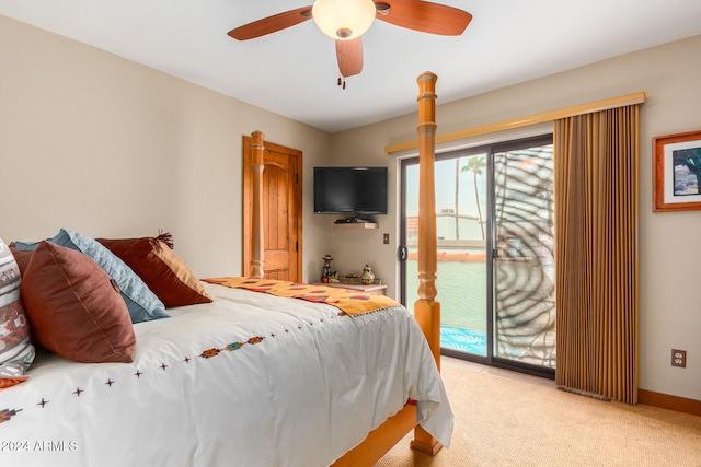 carpeted bedroom featuring access to exterior and ceiling fan