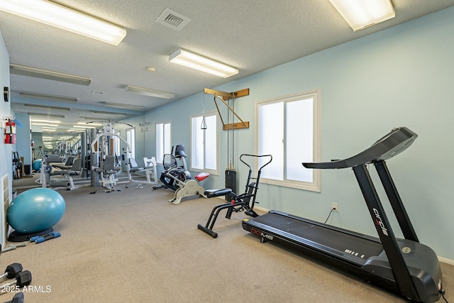 workout area with visible vents, a textured ceiling, and carpet floors