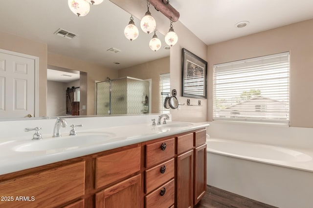 22022 W Moonlight Path, Buckeye, AZ 85326 - bathroom featuring wood finished floors, a shower stall, a bath, and double vanity