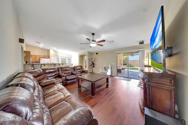 9926 W Gross Ave, Tolleson, AZ 85353 - living room with ceiling fan, hardwood / wood-style floors, lofted ceiling, and arched walkways