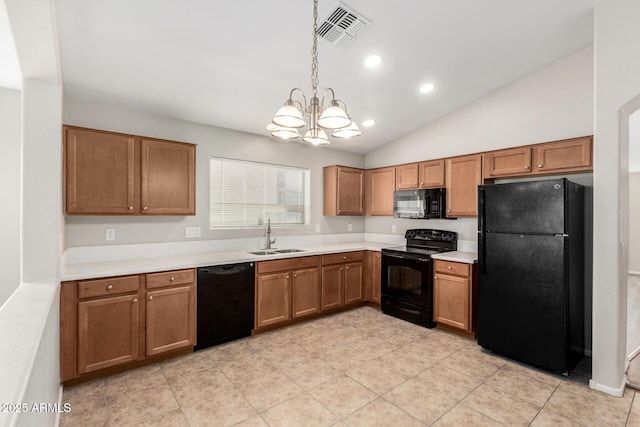 kitchen with an inviting chandelier, visible vents, a sink, black appliances, and brown cabinetry