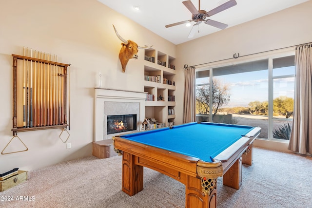 rec room featuring carpet flooring, ceiling fan, and pool table