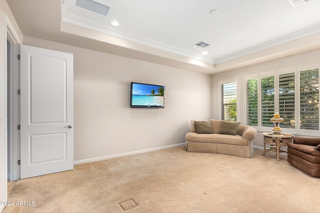 carpeted living room featuring ornamental molding and a tray ceiling