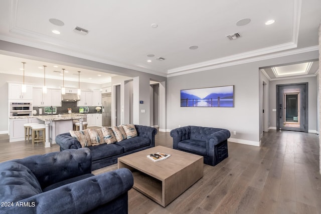 living room with sink, wood-type flooring, and crown molding