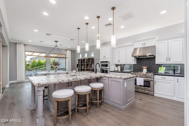 kitchen featuring appliances with stainless steel finishes, decorative light fixtures, hardwood / wood-style flooring, white cabinets, and a spacious island