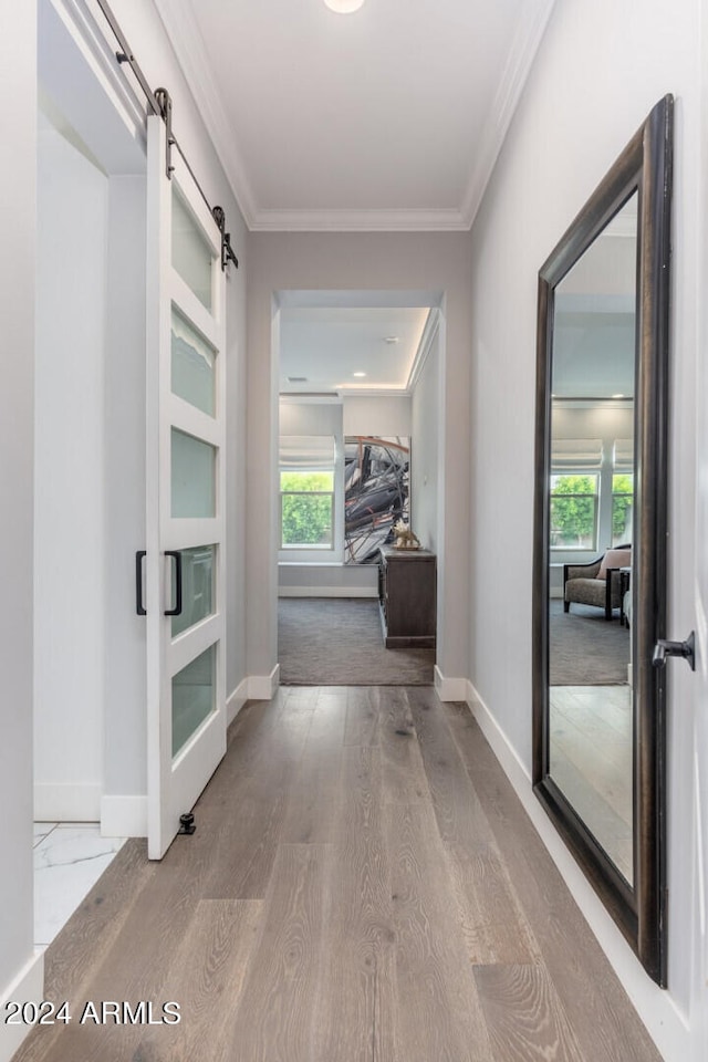 corridor featuring ornamental molding, light hardwood / wood-style floors, a wealth of natural light, and a barn door