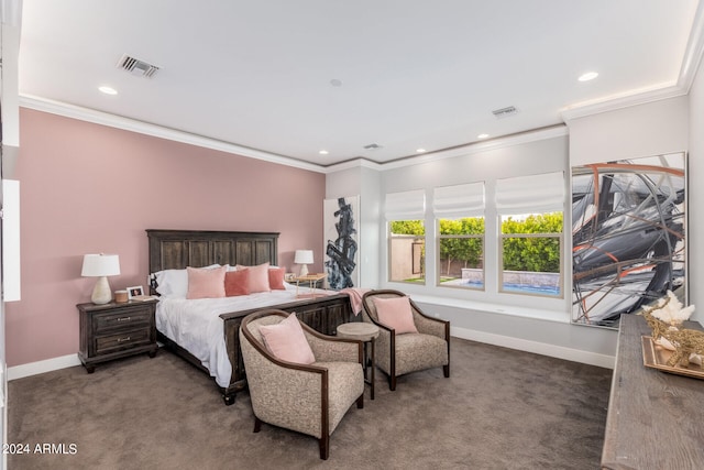 carpeted bedroom featuring ornamental molding