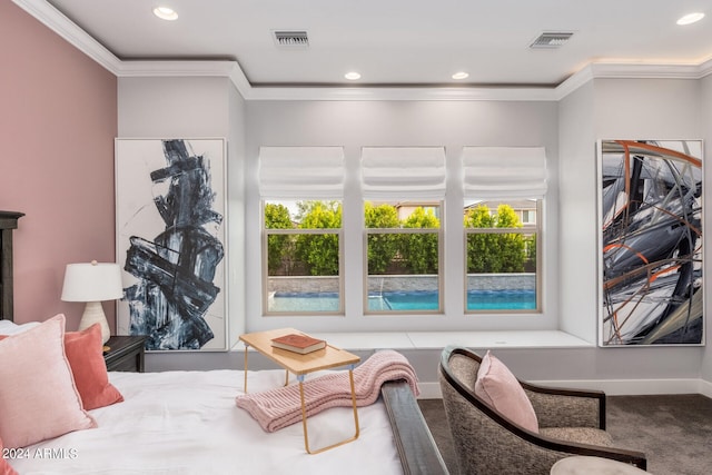 bedroom featuring carpet, multiple windows, and crown molding