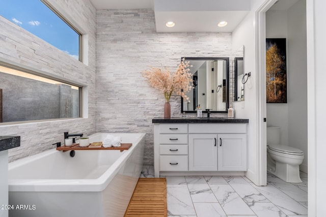 bathroom featuring toilet, vanity, and a tub