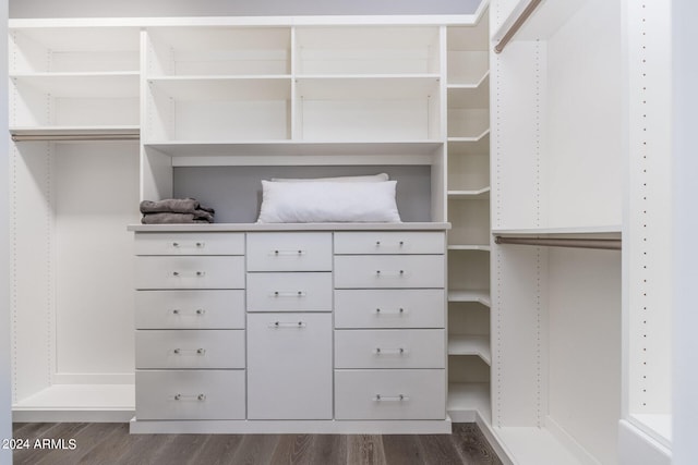 walk in closet with dark wood-type flooring