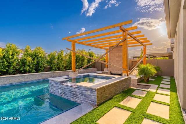 view of swimming pool featuring an in ground hot tub and a pergola