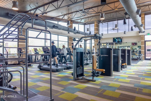 workout area featuring a towering ceiling and carpet