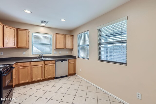 2862 E Megan St, Gilbert, AZ 85295 - kitchen featuring stainless steel dishwasher, a sink, electric range, dark countertops, and recessed lighting