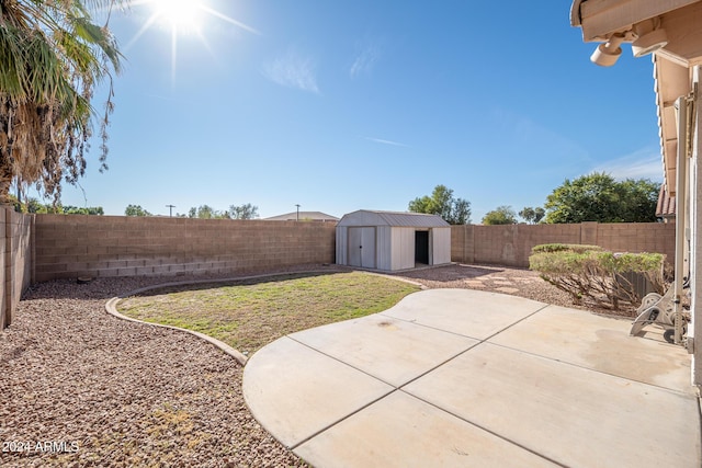 view of yard featuring a patio and a shed