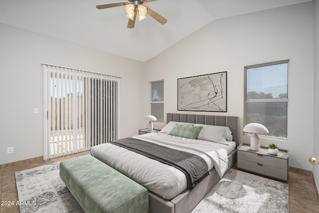 bedroom featuring tile patterned floors, ceiling fan, access to outside, and vaulted ceiling