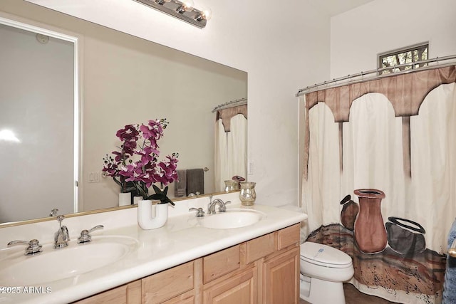 bathroom with vanity, toilet, and walk in shower