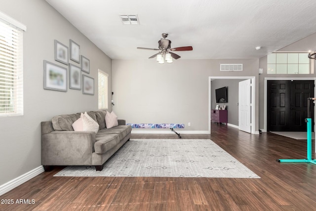 1429 E Lowell Ave, Gilbert, AZ 85295 - living room featuring a ceiling fan, wood finished floors, and baseboards