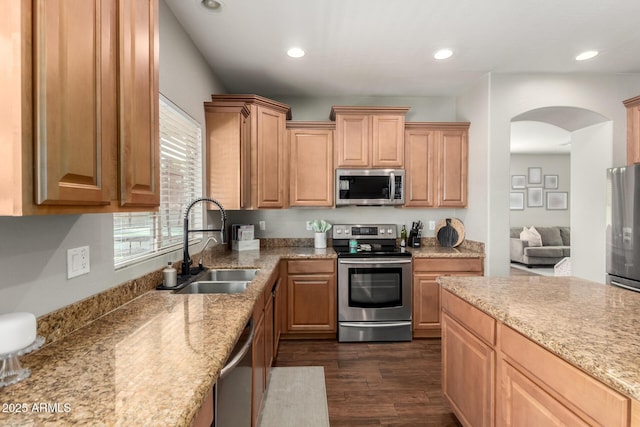 1429 E Lowell Ave, Gilbert, AZ 85295 - kitchen with appliances with stainless steel finishes, a sink, dark wood finished floors, arched walkways, and recessed lighting