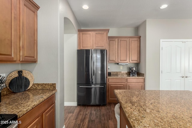 1429 E Lowell Ave, Gilbert, AZ 85295 - kitchen featuring freestanding refrigerator, dark wood-type flooring, baseboards, light stone countertops, and recessed lighting