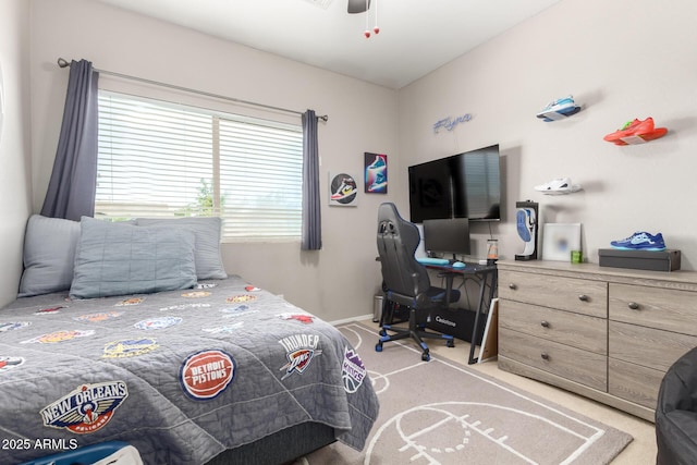 1429 E Lowell Ave, Gilbert, AZ 85295 - bedroom featuring light carpet, baseboards, and ceiling fan