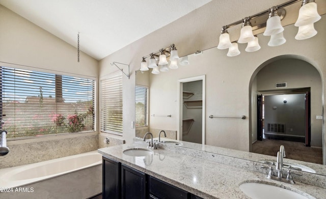 bathroom with vanity, lofted ceiling, and a washtub