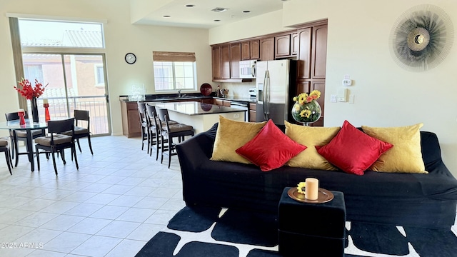 tiled living room with sink