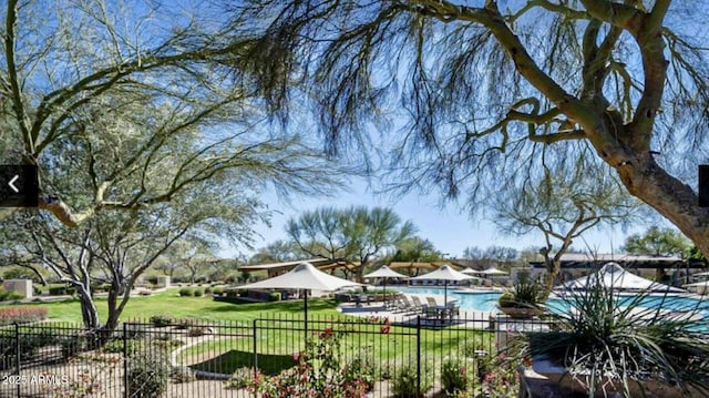 view of community with a pool and a lawn