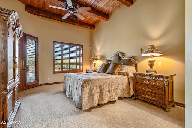 bedroom featuring light carpet, wooden ceiling, beamed ceiling, ceiling fan, and access to exterior