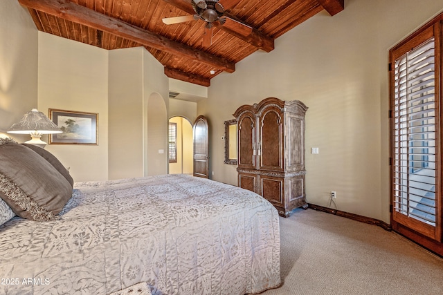 bedroom with beamed ceiling, light carpet, wooden ceiling, and multiple windows