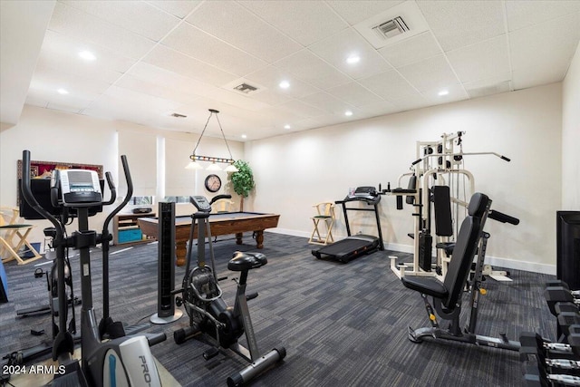 workout area featuring pool table, carpet floors, and a drop ceiling