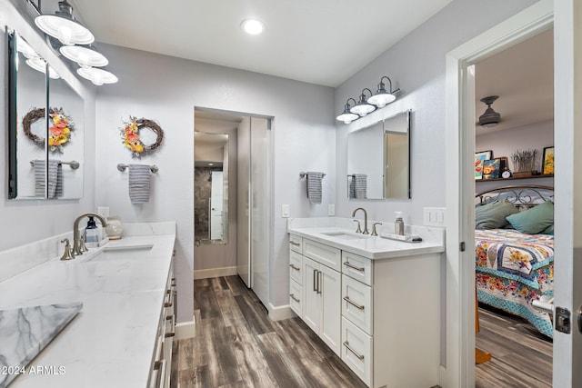 bathroom with vanity and hardwood / wood-style flooring