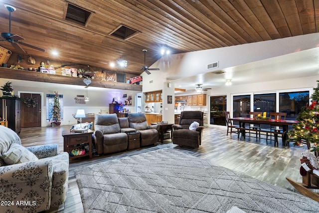 living room with hardwood / wood-style floors, high vaulted ceiling, and wooden ceiling