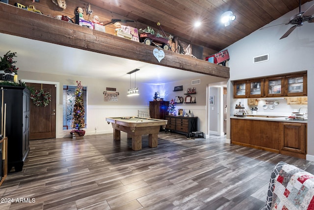 game room featuring dark wood-type flooring, billiards, vaulted ceiling, ceiling fan, and wood ceiling