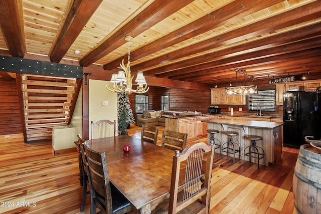 dining room featuring wooden walls, beamed ceiling, wood ceiling, and a chandelier