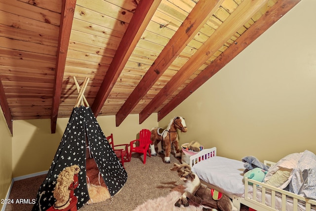 interior space with wooden ceiling, carpet flooring, and lofted ceiling with beams