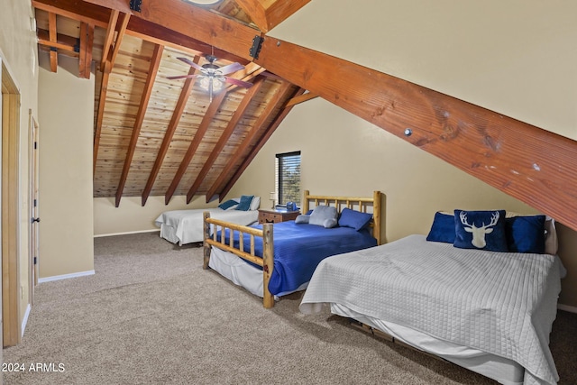 carpeted bedroom with vaulted ceiling with beams and wooden ceiling