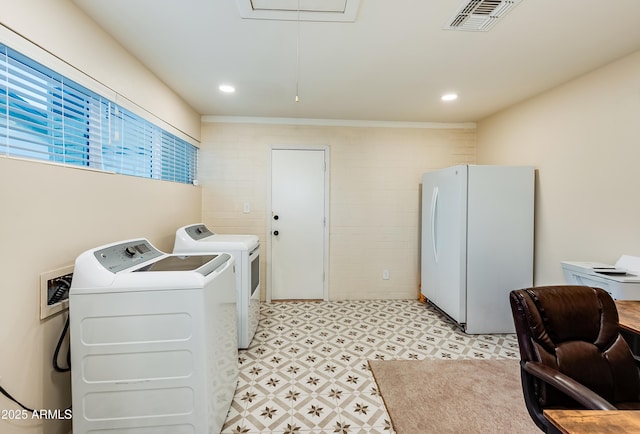 7226 E Virginia Ave, Scottsdale, AZ 85257 - laundry room featuring light floors, washer and clothes dryer, attic access, and recessed lighting