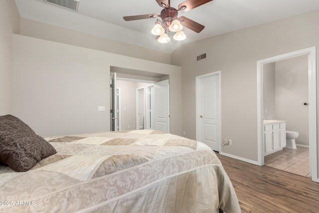 1915 E Golden Ct, Chandler, AZ 85225 - bedroom with baseboards, visible vents, a ceiling fan, wood finished floors, and ensuite bath