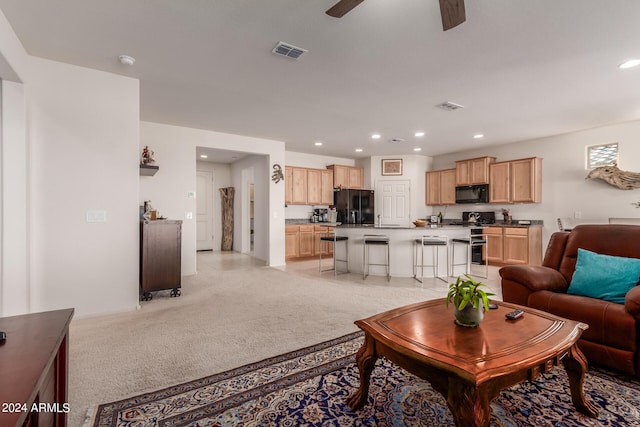 carpeted living room with ceiling fan and sink