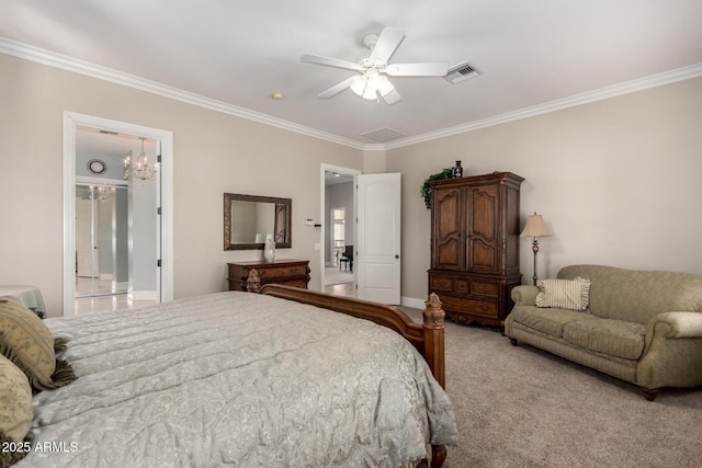 bedroom featuring ceiling fan with notable chandelier, crown molding, and light colored carpet