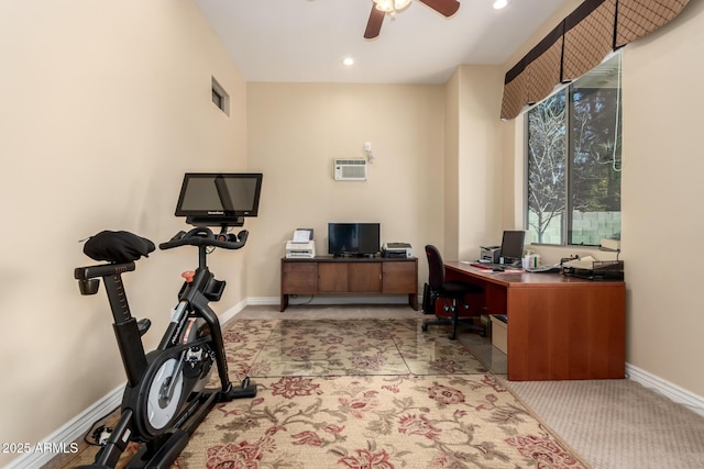 office area featuring ceiling fan, visible vents, baseboards, and recessed lighting