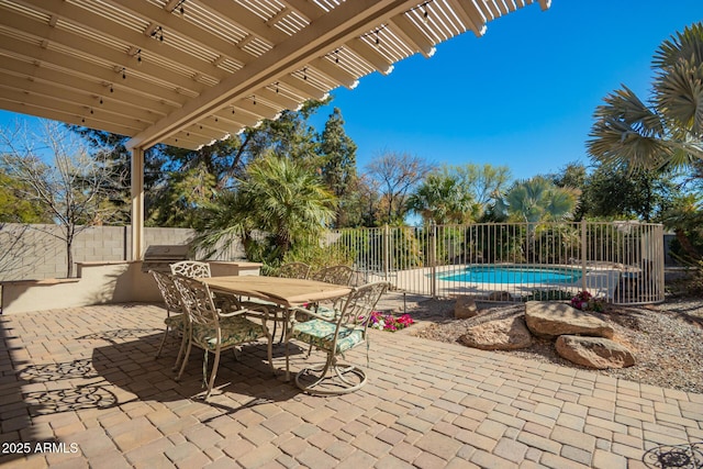 view of patio with outdoor dining space, a fenced backyard, a fenced in pool, and a pergola