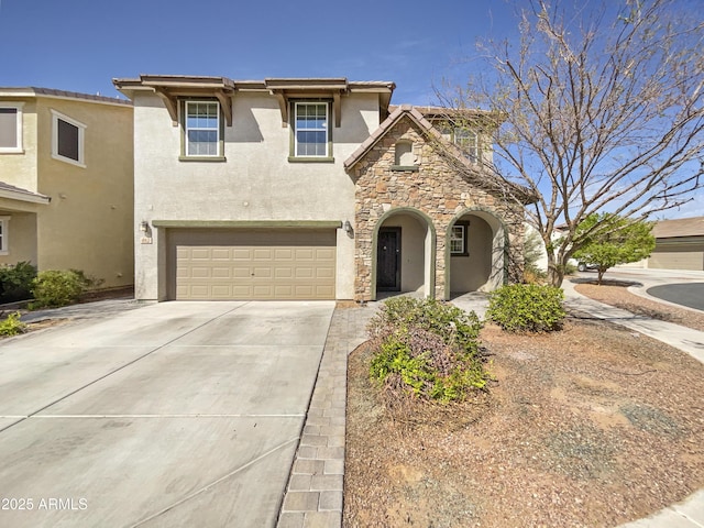 view of front of house with a garage, stone siding, driveway, and stucco siding