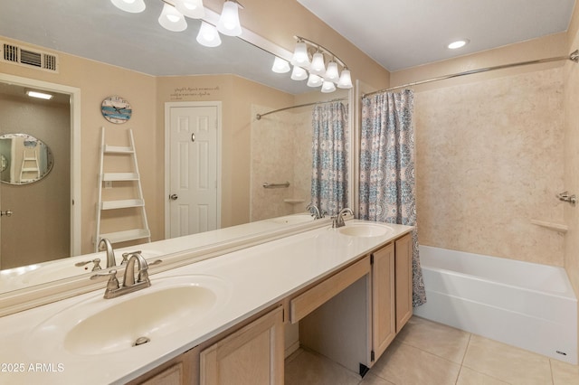 full bath featuring tile patterned flooring, shower / bathtub combination with curtain, visible vents, and a sink