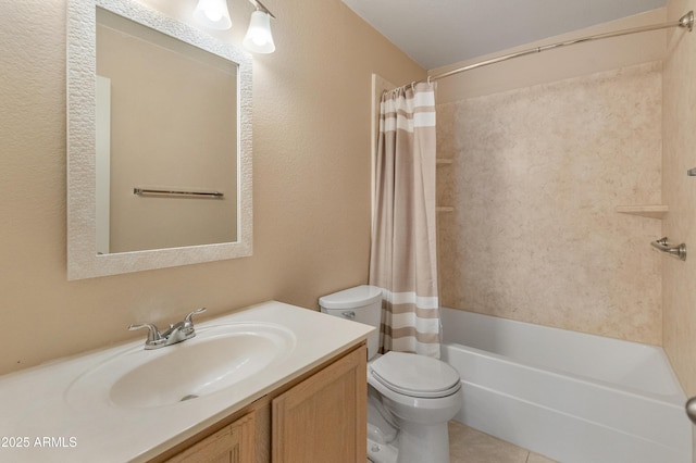 bathroom with shower / tub combo, toilet, vanity, and tile patterned flooring