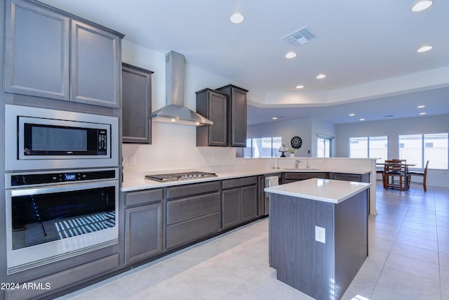 kitchen featuring a healthy amount of sunlight, sink, wall chimney range hood, and stainless steel appliances