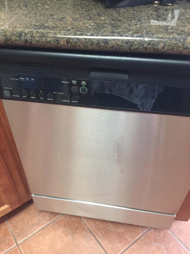 details with stainless steel dishwasher and dark countertops