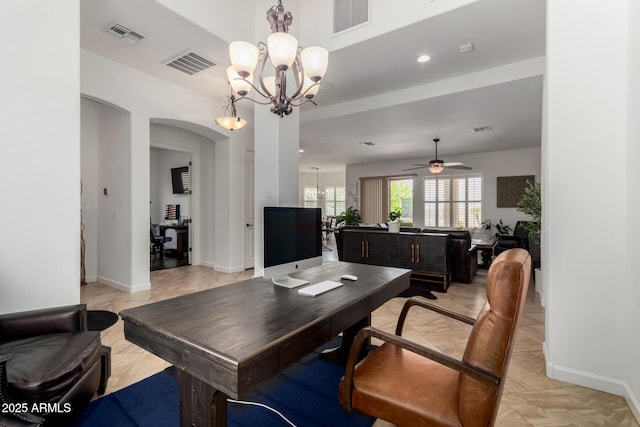 1804 W Magdalena Ln, Phoenix, AZ 85041 - office space with arched walkways, a ceiling fan, baseboards, a chandelier, and recessed lighting