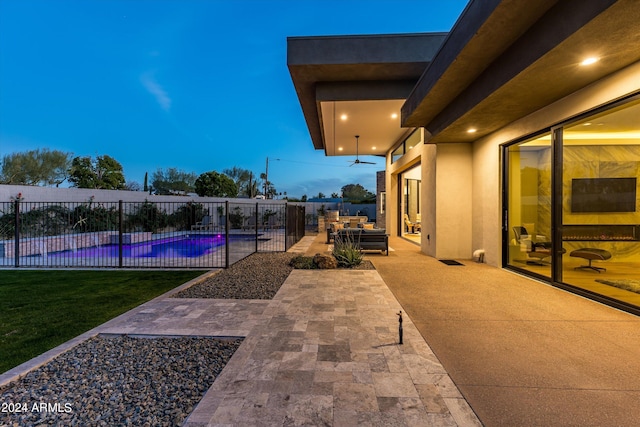 exterior space with ceiling fan, an outdoor hangout area, a fenced in pool, and a patio