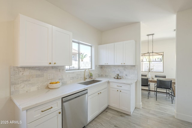 6731 W Northview Ave, Glendale, AZ 85303 - kitchen featuring stainless steel dishwasher, a sink, white cabinetry, and light stone counters